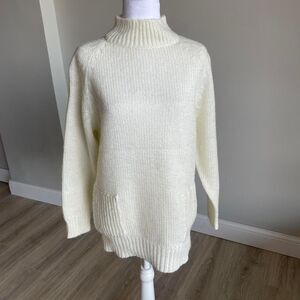 Cream Metallic Knit Turtleneck Sweater Pockets Women's Medium Retro Cozy Bling